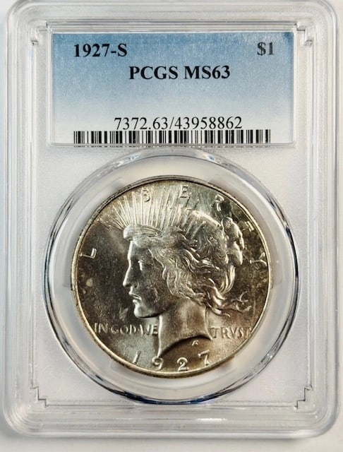 PCGS MS63 1927-S Peace Silver Dollar: PCGS MS63 1927-S Peace Silver Dollar This is a 1927 Peace Dollar struck at the San Francisco Mint, graded MS 63 by PCGS. Composed of silver, this uncirculated coin is a pre-owned collectible from the 