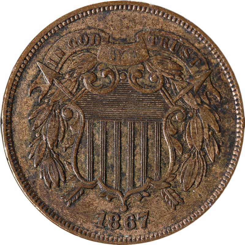 1867 Two Cent Piece Doubled Die Obverse Key Date Copper Coin: 1867 Two Cent Piece Doubled Die Obverse Key Date Copper Coin This 1867 Two Cent Piece features a Doubled Die Obverse and is graded as Choice VF/XF, making it a significant key date coin for collectors