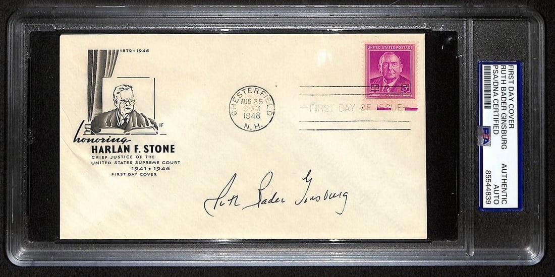 Ruth Bader Ginsburg Autographed 1948 First Day Cover Envelope With PSA DNA Authentication: Ruth Bader Ginsburg Autographed 1948 First Day Cover Envelope With PSA DNA Authentication This is an original 1948 First Day Cover (FDC) envelope signed by Ruth Bader Ginsburg. The envelope features a