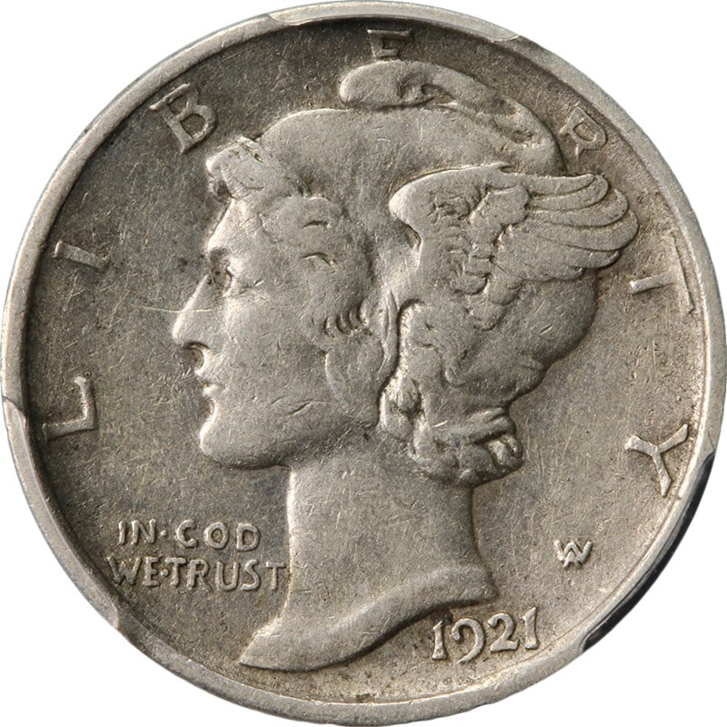 PCGS VF30 1921-D Silver Mercury Dime Key Date: PCGS VF30 1921-D Silver Mercury Dime Key Date This 1921-D Mercury Dime is graded VF30 by PCGS and is a key date for collectors. The coin is composed of silver with a fineness of 0.9 and was minted in 