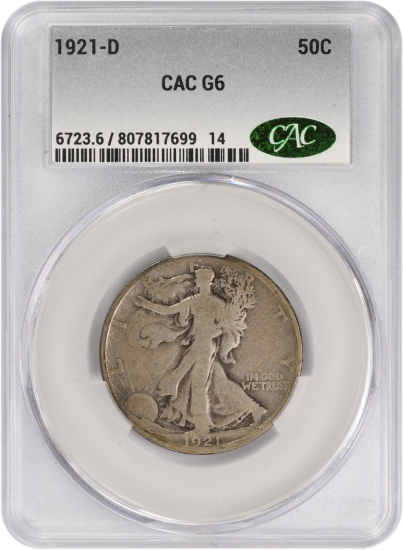 1921 Denver Liberty Walking Half Dollar 50C CACG Certified G Grade: 1921 Denver Liberty Walking Half Dollar 50C CACG Certified G Grade This 1921-D Walking Liberty Half Dollar is a circulated coin certified by CACG. Designed by Adolph Alexander Weinman, it was minted i