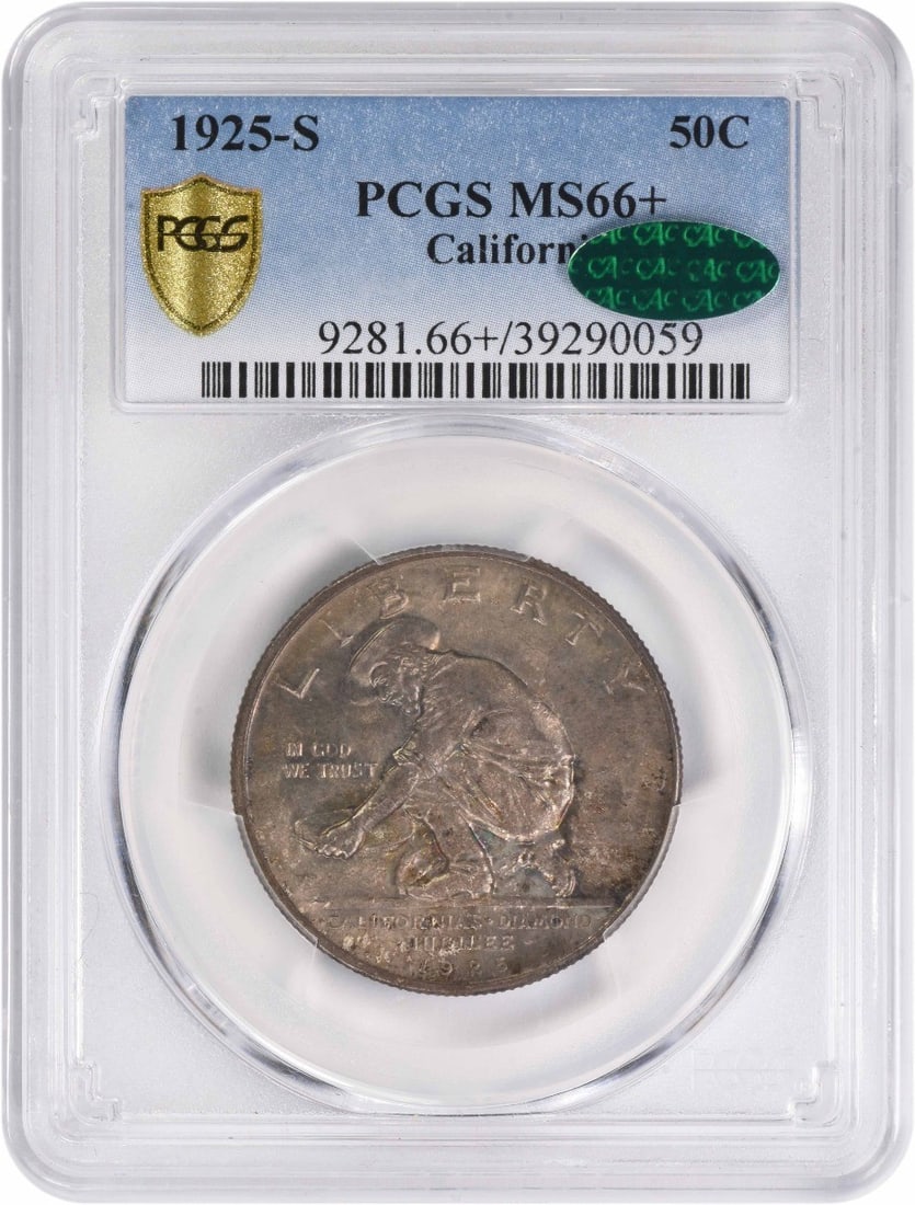1925-S California Commemorative Silver Half Dollar MS66+ PCGS CAC: 1925-S California Commemorative Silver Half Dollar MS66+ PCGS CAC This California Commemorative Silver Half Dollar, minted in 1925 at the San Francisco Mint, is a remarkable piece of numismatic histor
