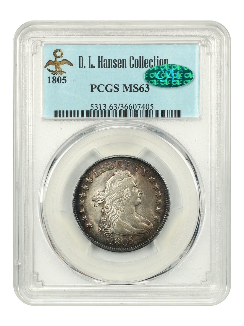 1805 Draped Bust Quarter 25C PCGS MS63 CAC D.L. Hansen Collection: 1805 Draped Bust Quarter 25C PCGS MS63 CAC D.L. Hansen Collection This exceptional 1805 25C Draped Bust Quarter is certified by PCGS with a grade of MS63 and features CAC approval. The coin is uncircu