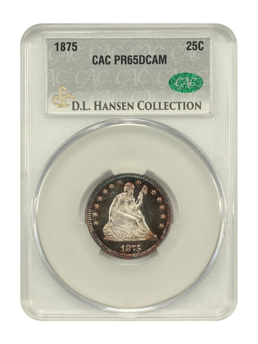 1875 Liberty Seated Quarter 25C CACG PR65DCAM Low Mintage: 1875 Liberty Seated Quarter 25C CACG PR65DCAM Low Mintage This 1875 Liberty Seated Quarter is a remarkable example of numismatic artistry, boasting a CACG certification (Number: 328377479) and graded 