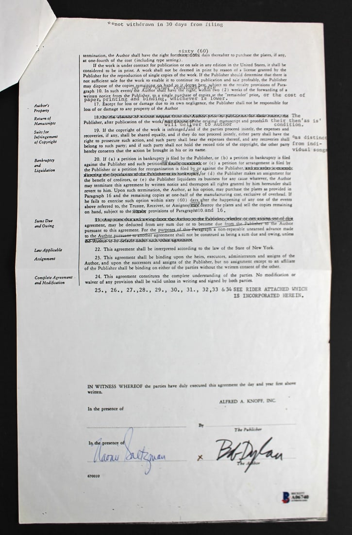 Bob Dylan 1972 signed Writings and Drawings publishing contract BAS A06740 (1 of 5)