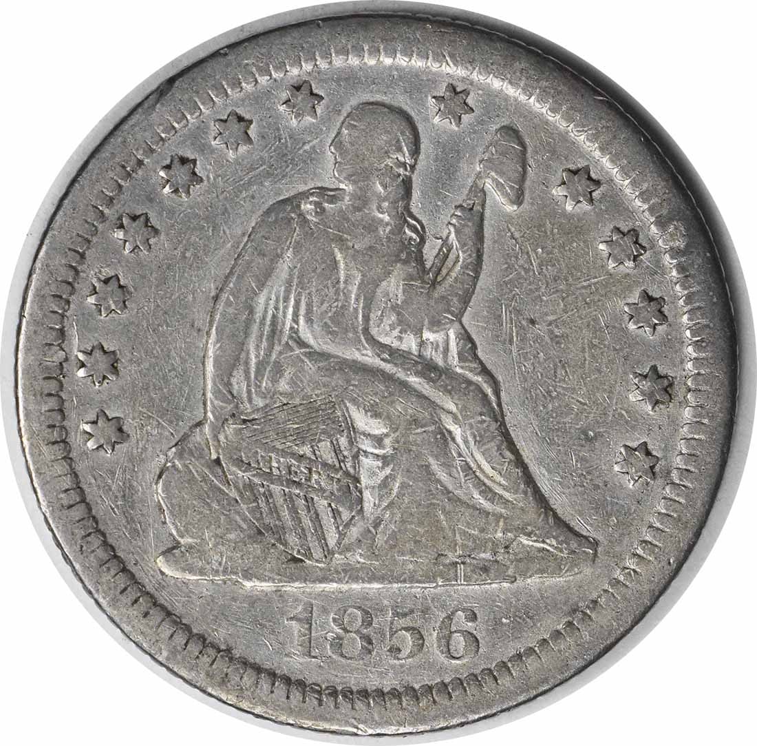 1856-S Liberty Seated Silver Quarter 90% Silver VF Uncertified: 1856-S Liberty Seated Silver Quarter 90% Silver VF Uncertified This 1856-S Liberty Seated Silver Quarter is a remarkable coin from the San Francisco mint, featuring a design by Robert Ball Hughes and 