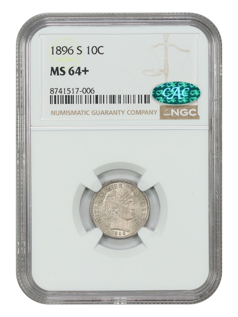 1896-S Barber Dime NGC CAC MS64+: 1896-S Barber Dime NGC CAC MS64+ This 1896-S Barber Dime is graded MS64+ by NGC and features CAC approval. Struck in San Francisco, this uncirculated 10-cent coin is notable for its sharp details and 