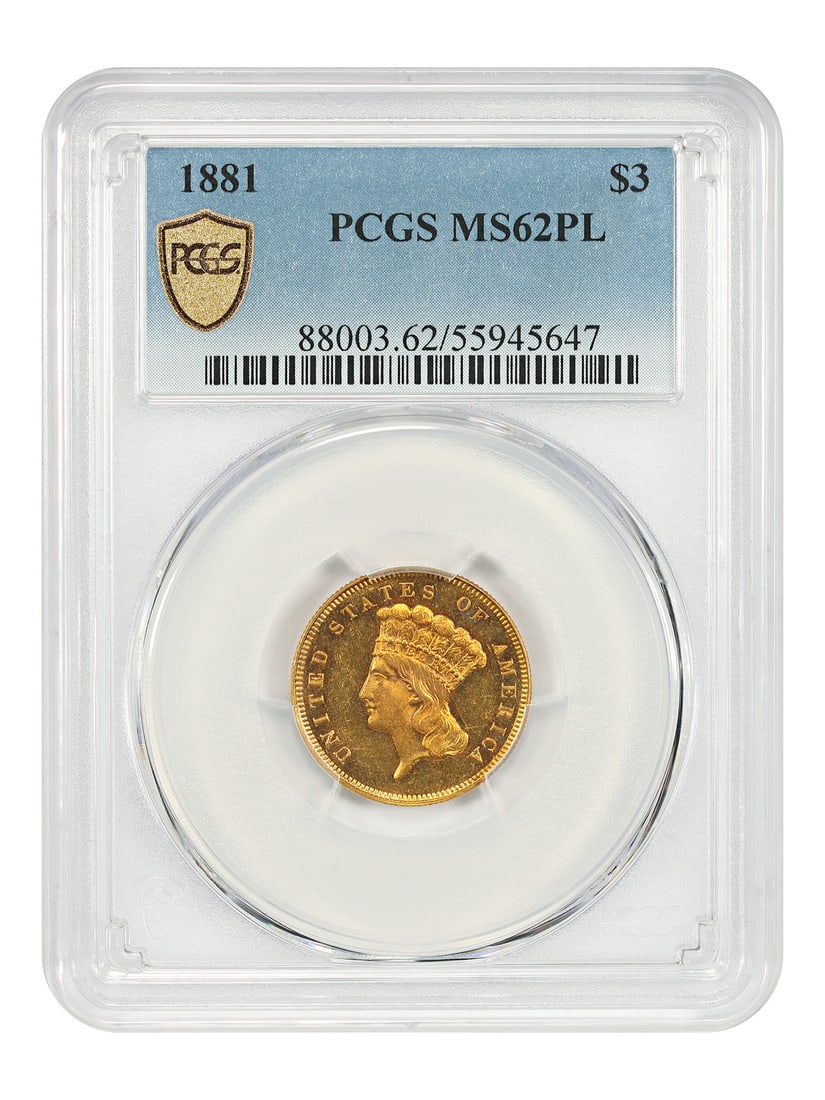 1881 Three Dollar Gold Coin PCGS MS62PL Prooflike Philadelphia: 1881 Three Dollar Gold Coin PCGS MS62PL Prooflike Philadelphia This 1881 $3 Gold Princess coin is an uncirculated example graded MS62PL by PCGS, featuring highly coveted prooflike surfaces. Struck at 