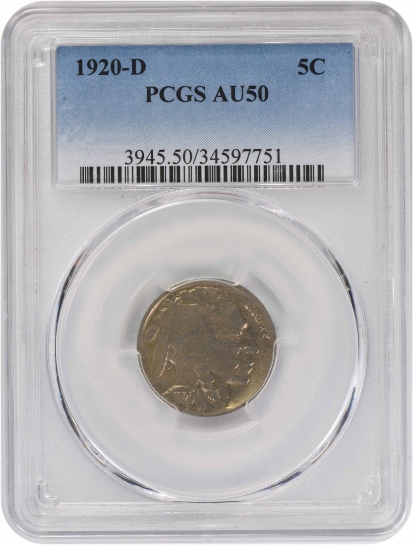 PCGS AU50 Graded 1920 Denver Mint Buffalo Nickel: PCGS AU50 Graded 1920 Denver Mint Buffalo Nickel This is a 1920-D Buffalo Nickel graded AU50 by PCGS. The coin was minted in Denver and designed by James Earle Fraser. It is composed of 75% copper and