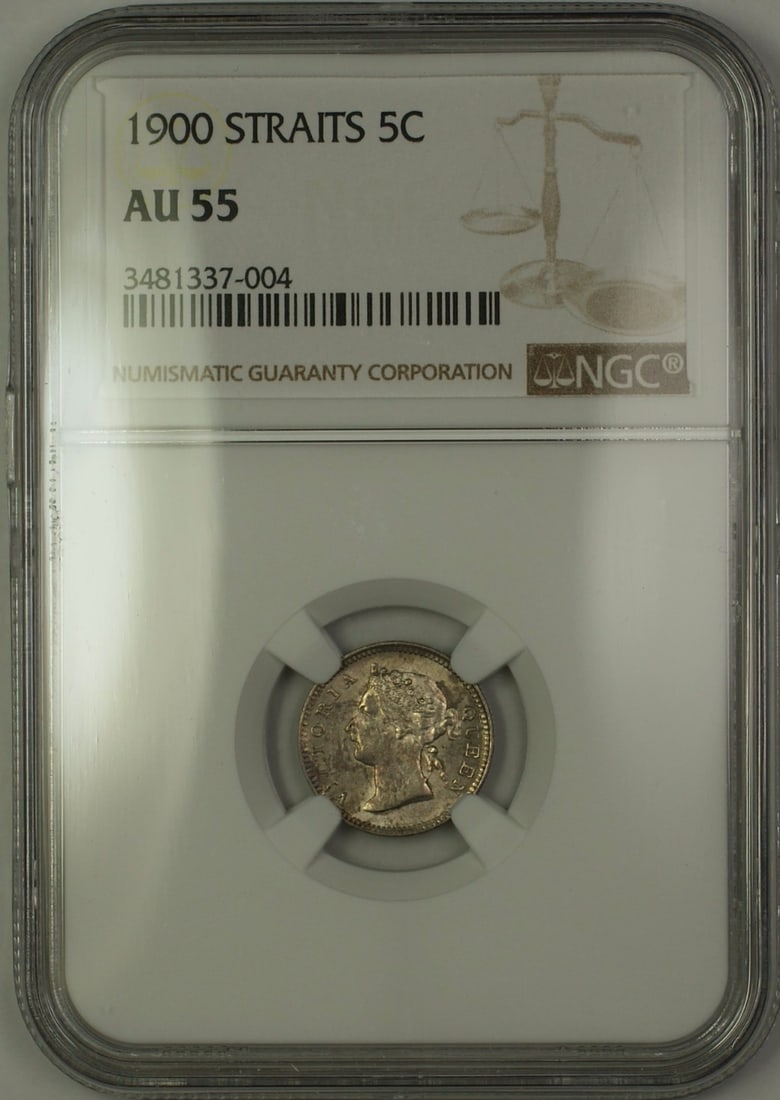 NGC AU-55 Certified 1900 Straits Five Cents Silver Coin from Malaysia (1 of 2)