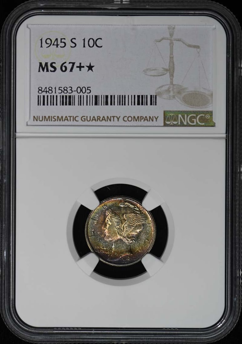 NGC Star 1945-S Mercury Dime MS67+: NGC Star 1945-S Mercury Dime MS67+ This is a 1945 Mercury Dime graded MS67+* (Star) by NGC. The coin is uncirculated and originates from the San Francisco mint. It has been certified by NGC, ensuring 
