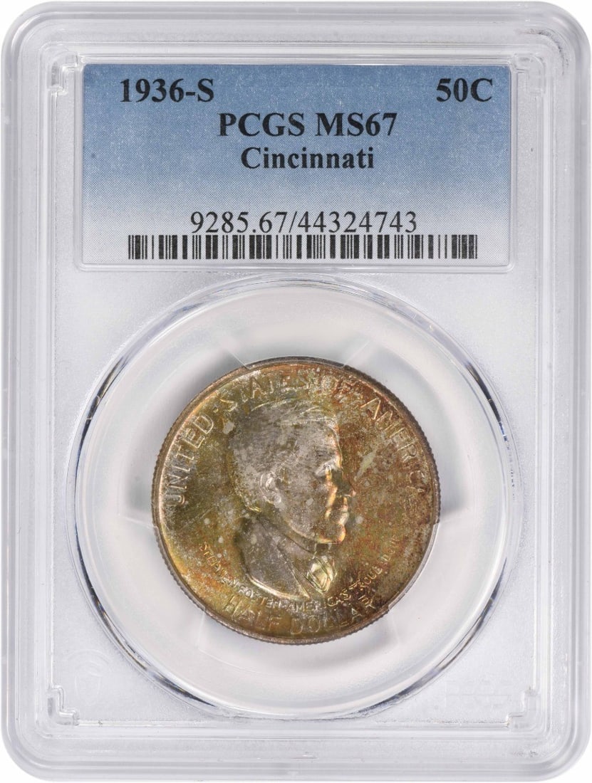 1936-S Half Dollar PCGS MS67 United States Silver Commemorative Coin: 1936-S Half Dollar PCGS MS67 United States Silver Commemorative Coin This is a 1936-S Cincinnati Commemorative Silver Half Dollar, certified by PCGS with a grade of MS67. Struck at the San Francisco M