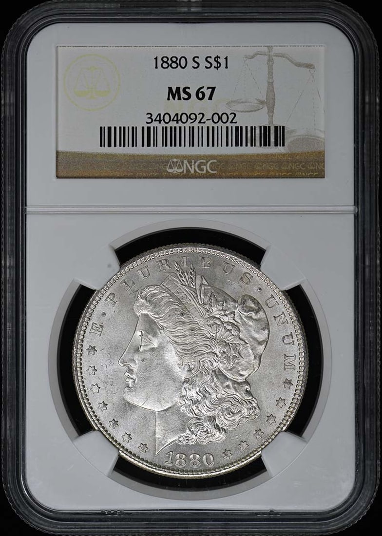 1880-S Morgan Dollar NGC MS67 Certified Uncirculated Coin: 1880-S Morgan Dollar NGC MS67 Certified Uncirculated Coin This 1880-S Morgan Dollar features a remarkable uncirculated condition, certified by NGC with a high grade of MS67. Minted in San Francisco, t