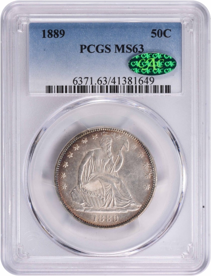 1889 Liberty Seated Half Dollar MS63 PCGS Certified Silver Coin: 1889 Liberty Seated Half Dollar MS63 PCGS Certified Silver Coin This 1889 Liberty Seated Silver Half Dollar is a stunning example of numismatic craftsmanship, graded MS63 by PCGS with a CAC certificat