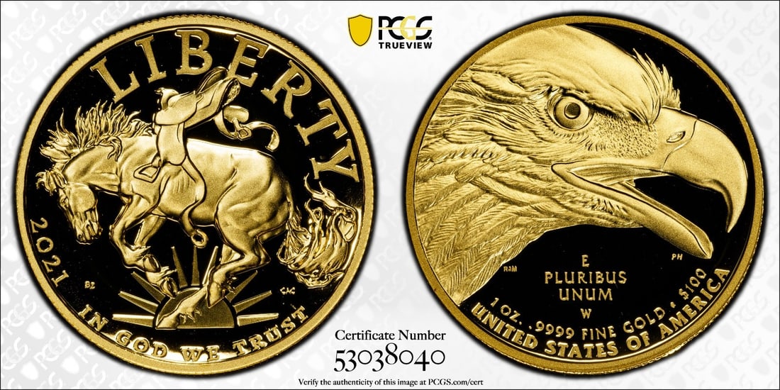 PCGS PR70 DCAM 2021-W American Liberty 1 oz Gold $100 Bronco (1 of 3)
