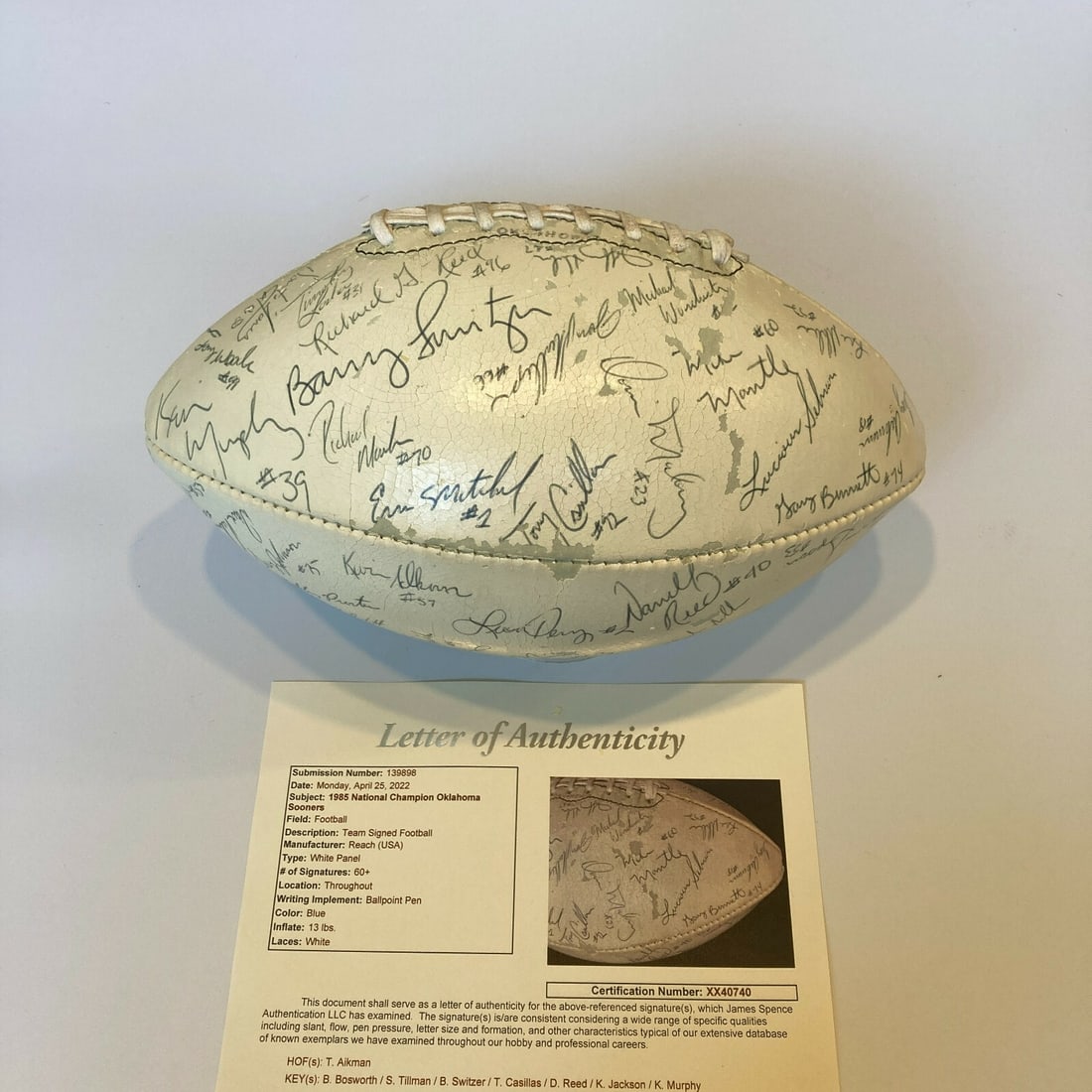 1985 Oklahoma Sooners Team Signed Football Troy Aikman JSA COA: 1985 Oklahoma Sooners Team Signed Football Troy Aikman JSA COA Celebrate the legacy of the 1985 Oklahoma Sooners with this authentic team-signed football. Featuring a collection of notable signatures,