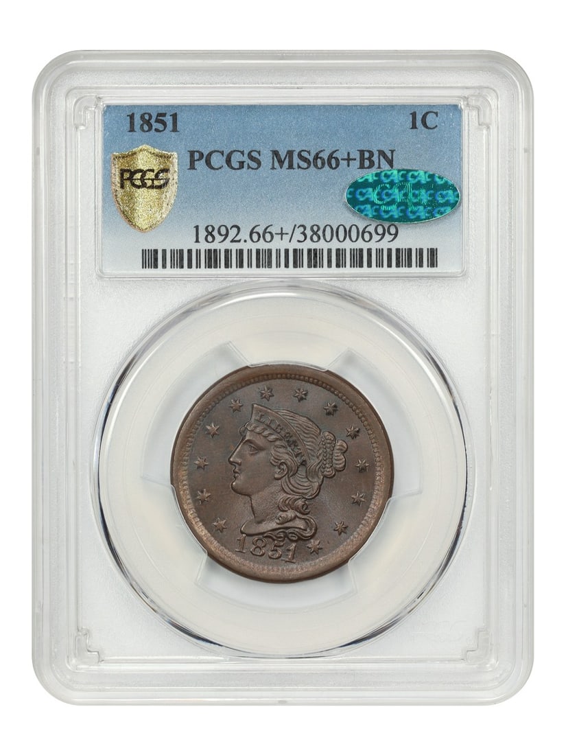 PCGS CAC MS66+BN 1851 Braided Hair One Cent Uncirculated Philadelphia: PCGS CAC MS66+BN 1851 Braided Hair One Cent Uncirculated Philadelphia This 1851 Braided Hair Cent is graded MS66+BN by PCGS and CAC, indicating a high-end uncirculated example with brilliant chestnut 