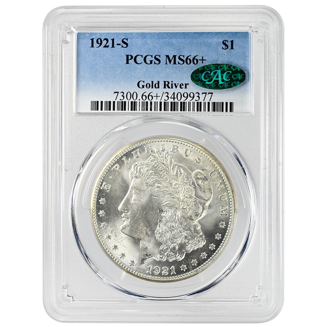1921 San Francisco Morgan Silver Dollar PCGS MS66+ CAC: 1921 San Francisco Morgan Silver Dollar PCGS MS66+ CAC This 1921 Morgan Dollar is struck in silver and graded MS66+ by PCGS, with CAC approval. Minted in San Francisco, this uncirculated coin is a pre