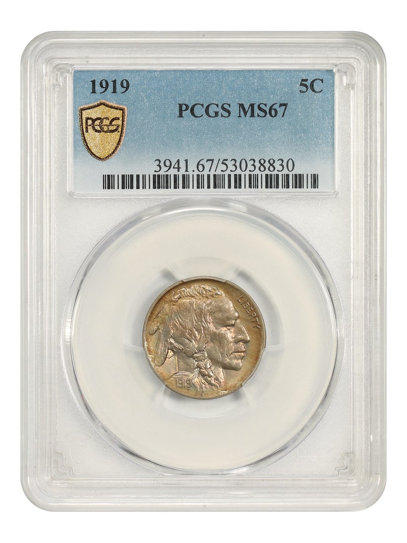 PCGS MS67 1919 Buffalo 5C Philadelphia Nickel: PCGS MS67 1919 Buffalo 5C Philadelphia Nickel This 1919 Buffalo Nickel is a visually striking coin certified by PCGS at the MS67 grade. The coin displays sharp design details and a vibrant satiny lust