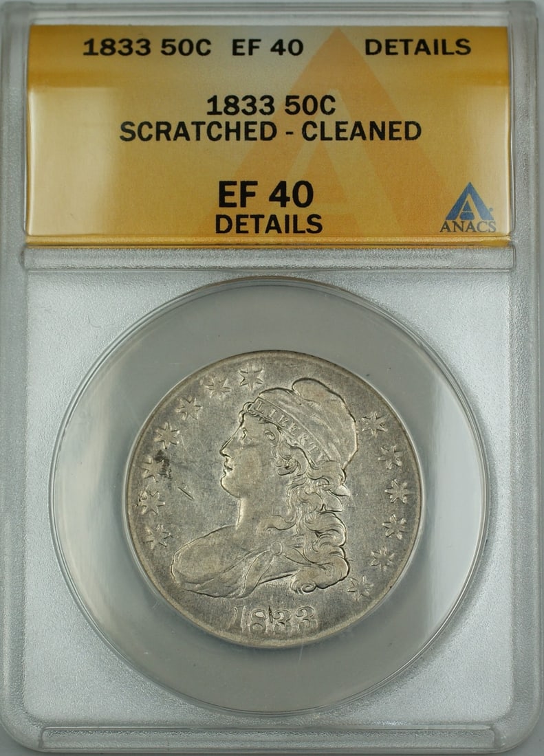 1833 O-115 Silver Half Dollar ANACS EF 40 Details With Scratches and Cleaning: 1833 O-115 Silver Half Dollar ANACS EF 40 Details With Scratches and Cleaning This 1833 O-115 Bust Silver Half Dollar coin has been certified by ANACS with a grade of EF 40 Details. The coin originate