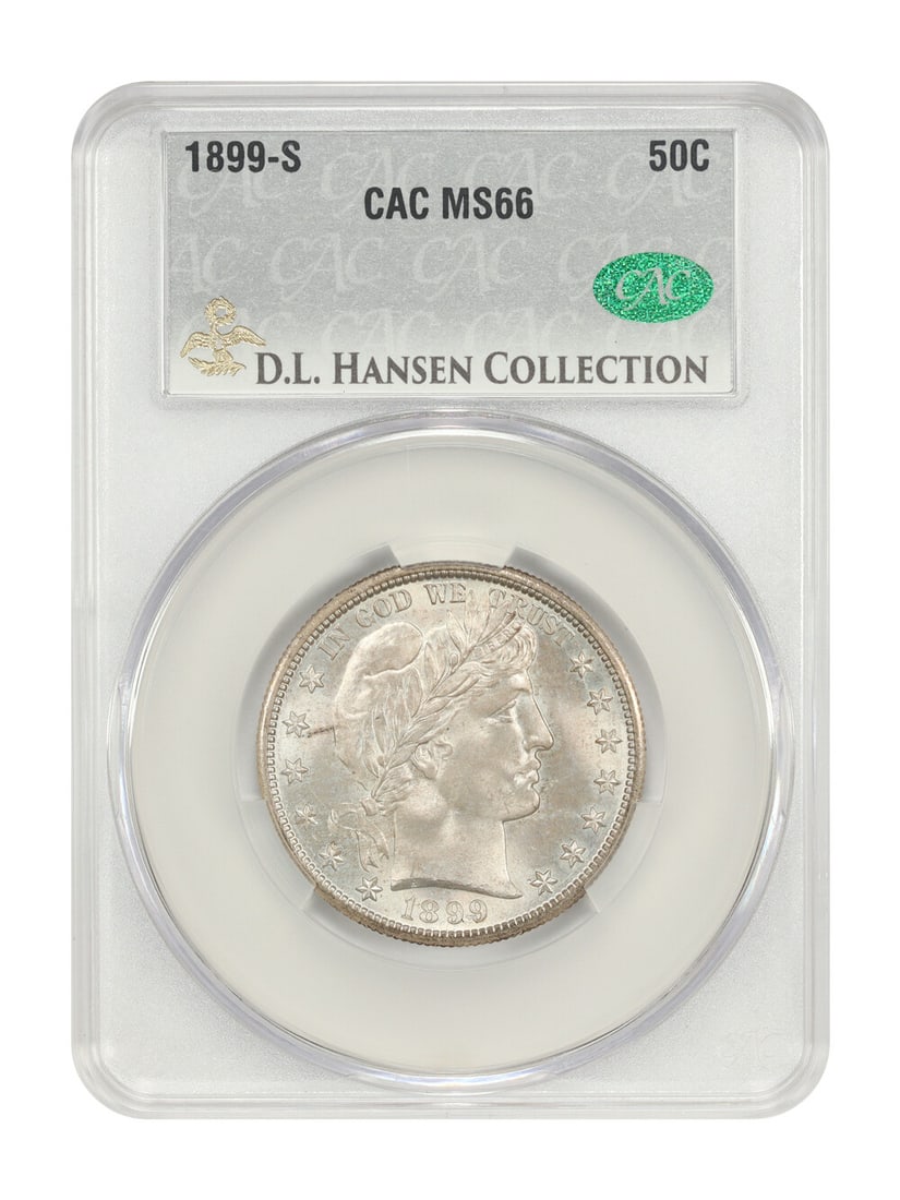 1899-S Barber Half Dollar CACG MS66 D.L. Hansen Provenance: 1899-S Barber Half Dollar CACG MS66 D.L. Hansen Provenance This extraordinary 1899-S Barber Half Dollar, certified by CACG with a grade of MS66, is a true condition rarity. Struck at the San Francisco