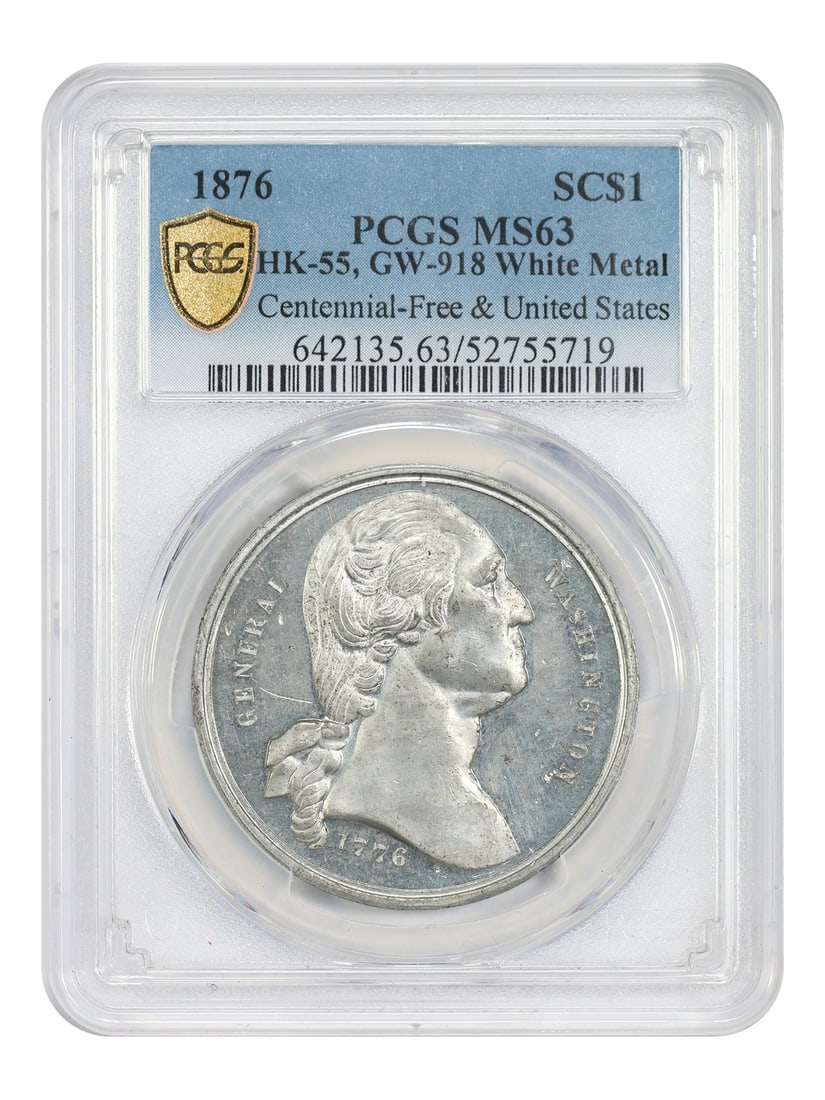 1876 Centennial White Metal So Called Dollar PCGS MS63: 1876 Centennial White Metal So Called Dollar PCGS MS63 This 1876 Centennial Medal is a So-Called Dollar (HK-55, GW-918) struck in white metal and graded MS63 by PCGS. The piece displays light grey ton