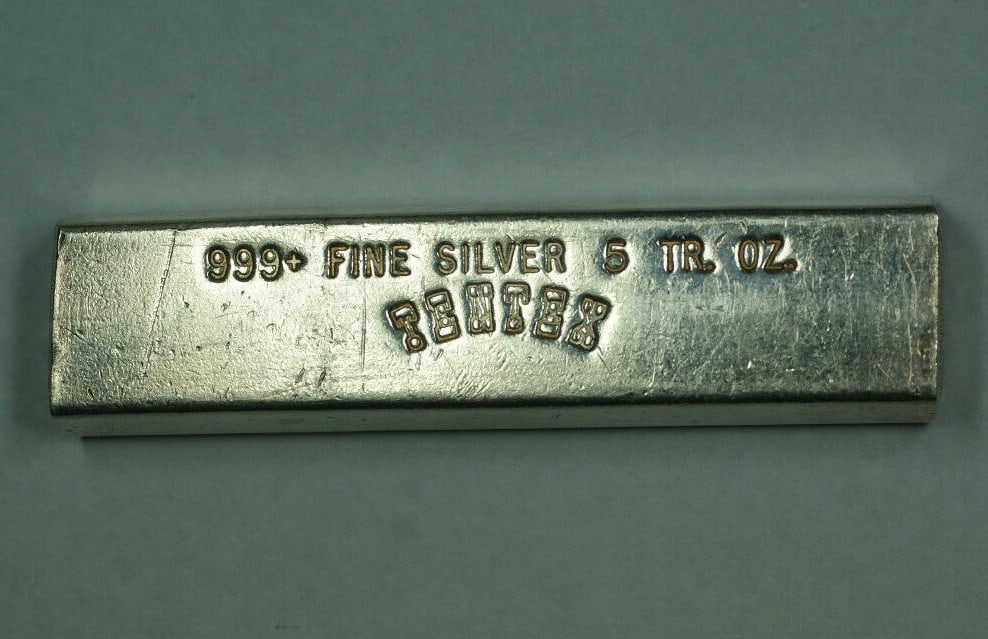 5 Troy Ounce .999+ Fine Silver Bar by Tentex Early Issue: 5 Troy Ounce .999+ Fine Silver Bar by Tentex Early Issue This early Tentex silver ingot is composed of 5 troy ounces of .999+ fine silver. Produced in the United States, this medal-type bar is a colle