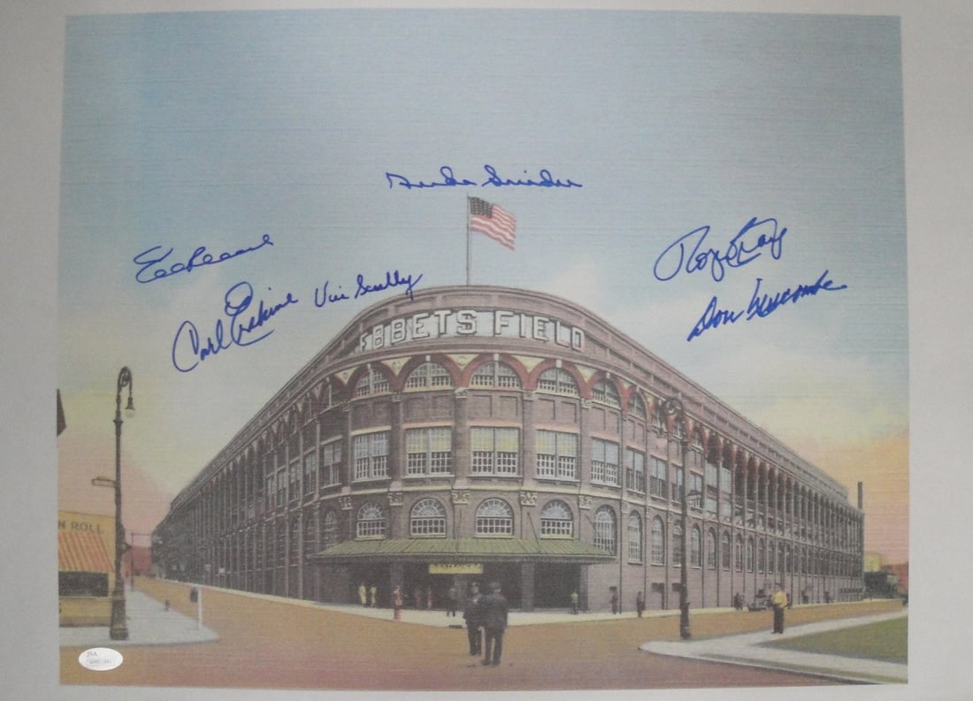 Duke Snider Vin Scully Autographed 16x20 Ebbets Field Print: Duke Snider Vin Scully Autographed 16x20 Ebbets Field Print This is an original autographed 16x20 print featuring iconic figures from the Los Angeles Dodgers, including Vin Scully and Duke Snider, alo