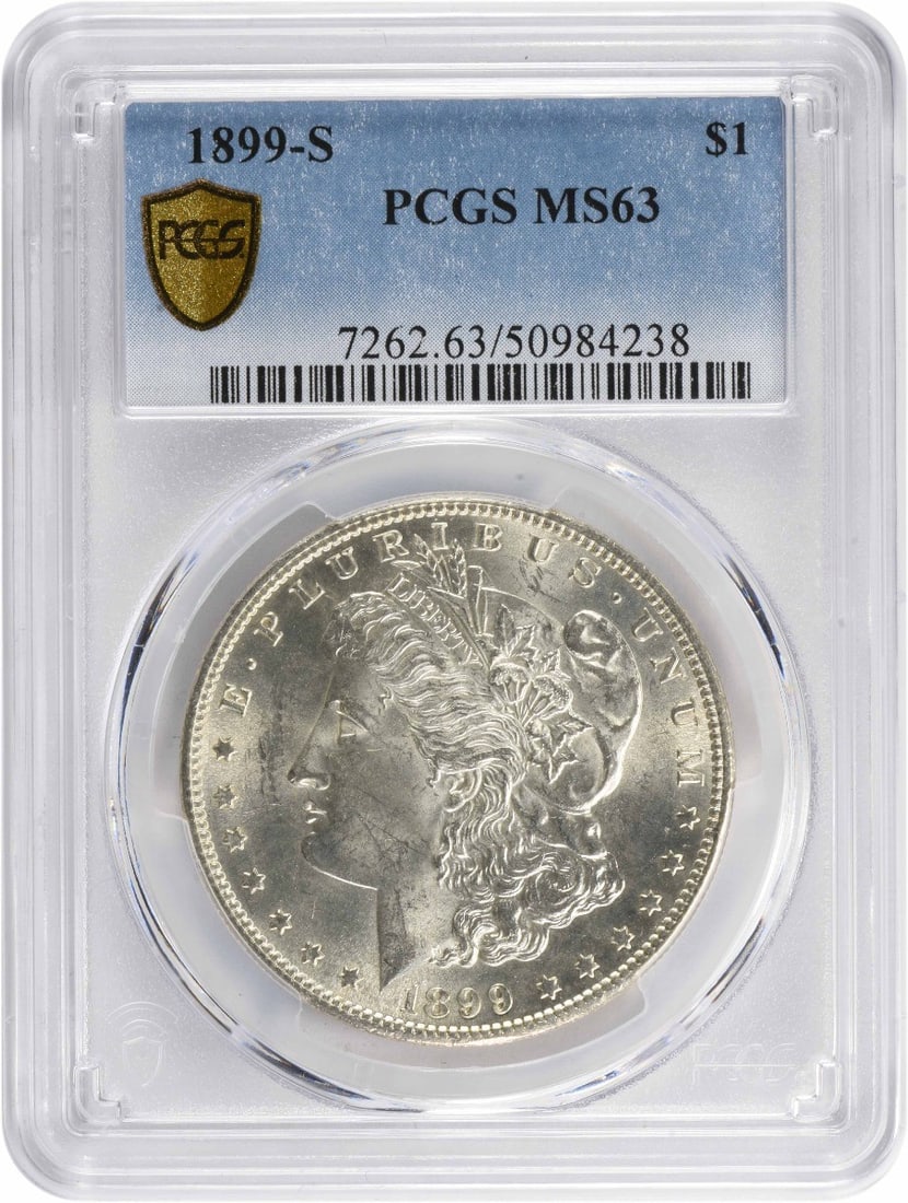 1899-S Morgan Silver Dollar MS63 PCGS Uncirculated Silver Coin: 1899-S Morgan Silver Dollar MS63 PCGS Uncirculated Silver Coin This 1899-S Morgan Silver Dollar is graded MS63 by PCGS, ensuring its high quality and collectible appeal. Featuring a remarkable design 