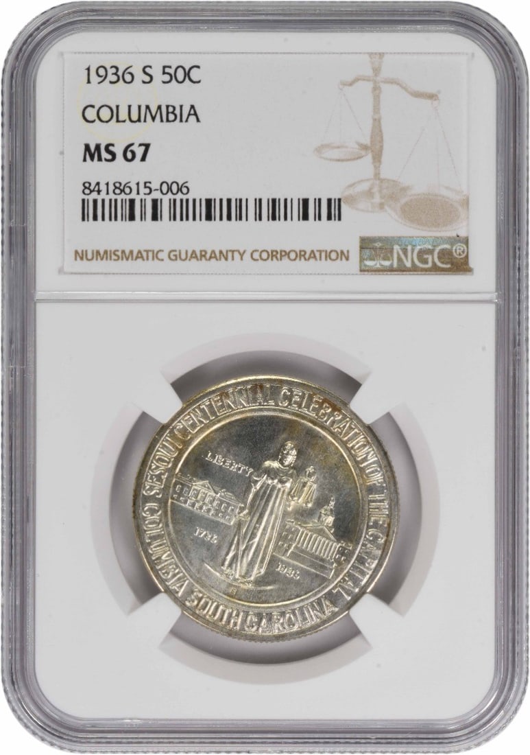 1936-S United States Columbia Half Dollar NGC MS67 Silver Commemorative Coin: 1936-S United States Columbia Half Dollar NGC MS67 Silver Commemorative Coin This 1936-S Columbia Commemorative Half Dollar is a United States coin minted in San Francisco. Certified by NGC with a gra