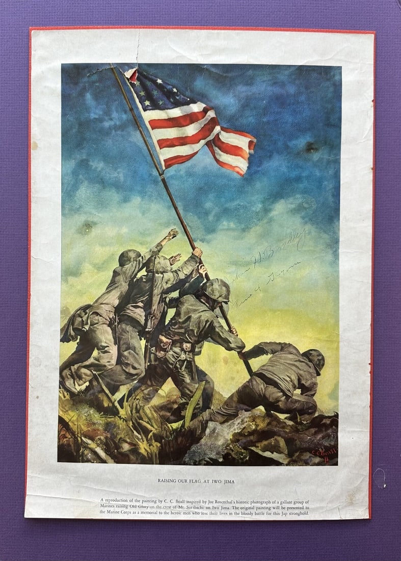 Signed WWII Iwo Jima Flag Raising Print by Gagnon & Bradley Beckett LOA: Signed WWII Iwo Jima Flag Raising Print by Gagnon & Bradley Beckett LOA This remarkable piece is a signed print of a World War II War Bond poster, measuring 15"x11", commemorating the iconic raising o