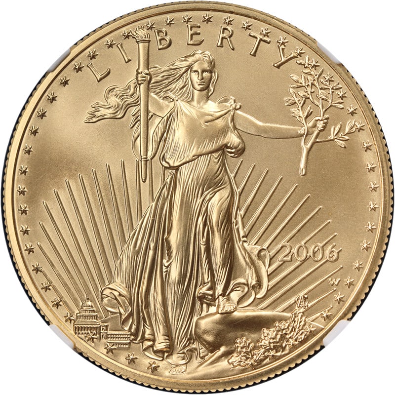 2006-W $50 Gold American Eagle NGC MS69 Burnished Brown Label Coin: 2006-W $50 Gold American Eagle NGC MS69 Burnished Brown Label Coin This 2006-W Gold American Eagle $50 coin is certified by NGC with a grade of MS69 and features the Brown Label. Struck at the West Po