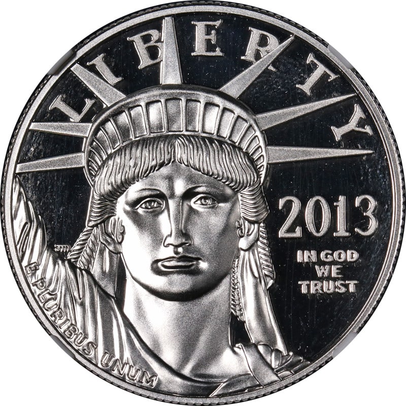 NGC PF70 Ultra Cameo 2013-W $100 Platinum Eagle 1 oz Coin: NGC PF70 Ultra Cameo 2013-W $100 Platinum Eagle 1 oz Coin This 2013-W Platinum American Eagle $100 coin is composed of 0.9995 fine platinum and contains 1 ounce of platinum. It is certified by NGC as 