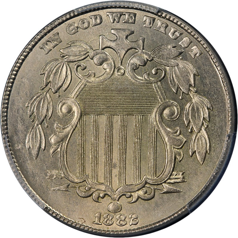 PCGS MS65 1882 Shield Nickel: PCGS MS65 1882 Shield Nickel This 1882 Shield Nickel is graded MS65 by PCGS, indicating a high-quality uncirculated coin with excellent luster, strong strike, and appealing surfaces. The coin is compo