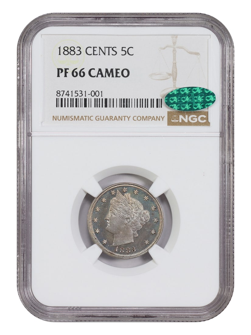 1883 Liberty Nickel 5C NGC CAC PR66CAM With Cents: 1883 Liberty Nickel 5C NGC CAC PR66CAM With Cents This 1883 Liberty Nickel features the first year of the "with CENTS" design and was struck at the Philadelphia Mint. Certified by NGC and designated a