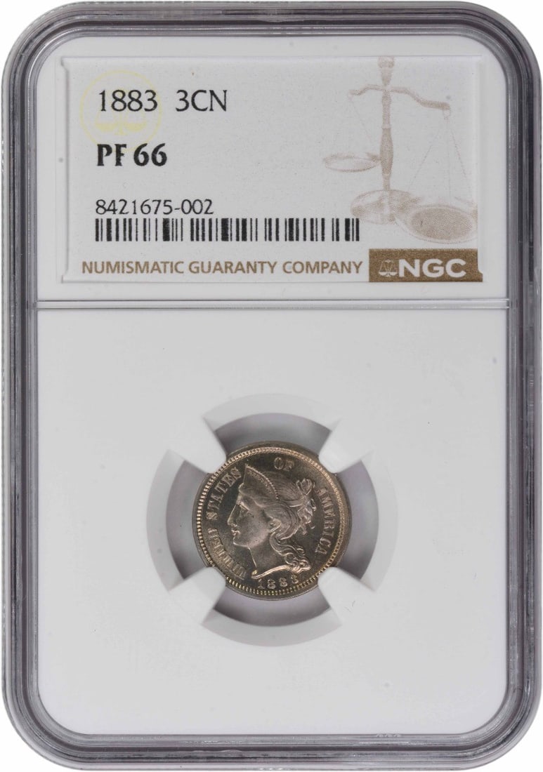 Proof 1883 Three Cent Nickel Coin NGC PR66 United States: Proof 1883 Three Cent Nickel Coin NGC PR66 United States This is an 1883 Three Cent Nickel coin graded PR66 by NGC, featuring a proof strike. The coin is uncirculated and composed of nickel, with no m