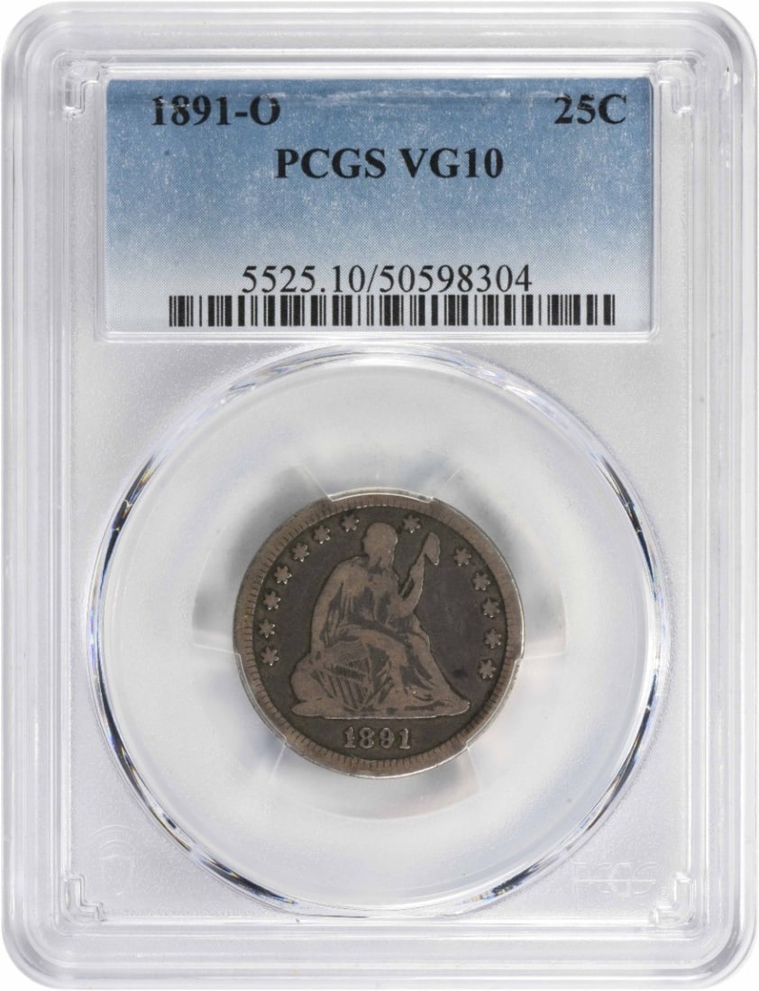 1891-O Seated Liberty Quarter PCGS VG10 90% Silver New Orleans: 1891-O Seated Liberty Quarter PCGS VG10 90% Silver New Orleans This 1891-O Liberty Seated Silver Quarter is a historical collectible, certified by PCGS and graded at VG10. Minted in New Orleans, this 