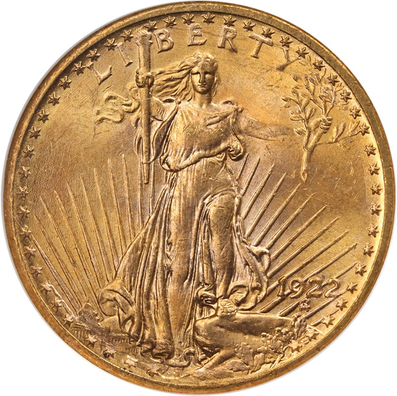 NGC MS64 1922 Saint Gaudens $20 Gold Double Eagle: NGC MS64 1922 Saint Gaudens $20 Gold Double Eagle This 1922 Saint-Gaudens Gold $20 coin is graded MS64 by NGC, indicating an uncirculated condition with great eye appeal, strong luster, and a well-def