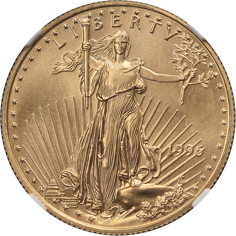1996 $25 Gold American Eagle NGC MS70: 1996 $25 Gold American Eagle NGC MS70 This 1996 Gold American Eagle $25 coin is graded MS70 by NGC, reflecting its flawless condition with no marks and exceptional surfaces. The coin features superb e