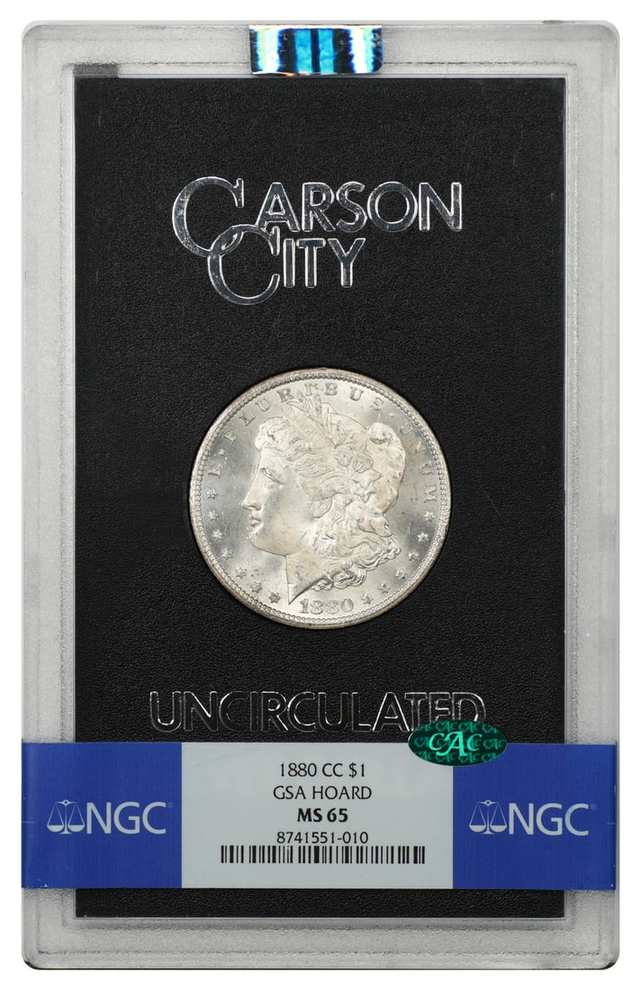 1880 Carson City Morgan Dollar NGC CAC MS65 GSA: 1880 Carson City Morgan Dollar NGC CAC MS65 GSA This is an 1880 Carson City Morgan Dollar, denomination $1, certified by NGC and housed in the original GSA hard case. The coin is in pre-owned conditio