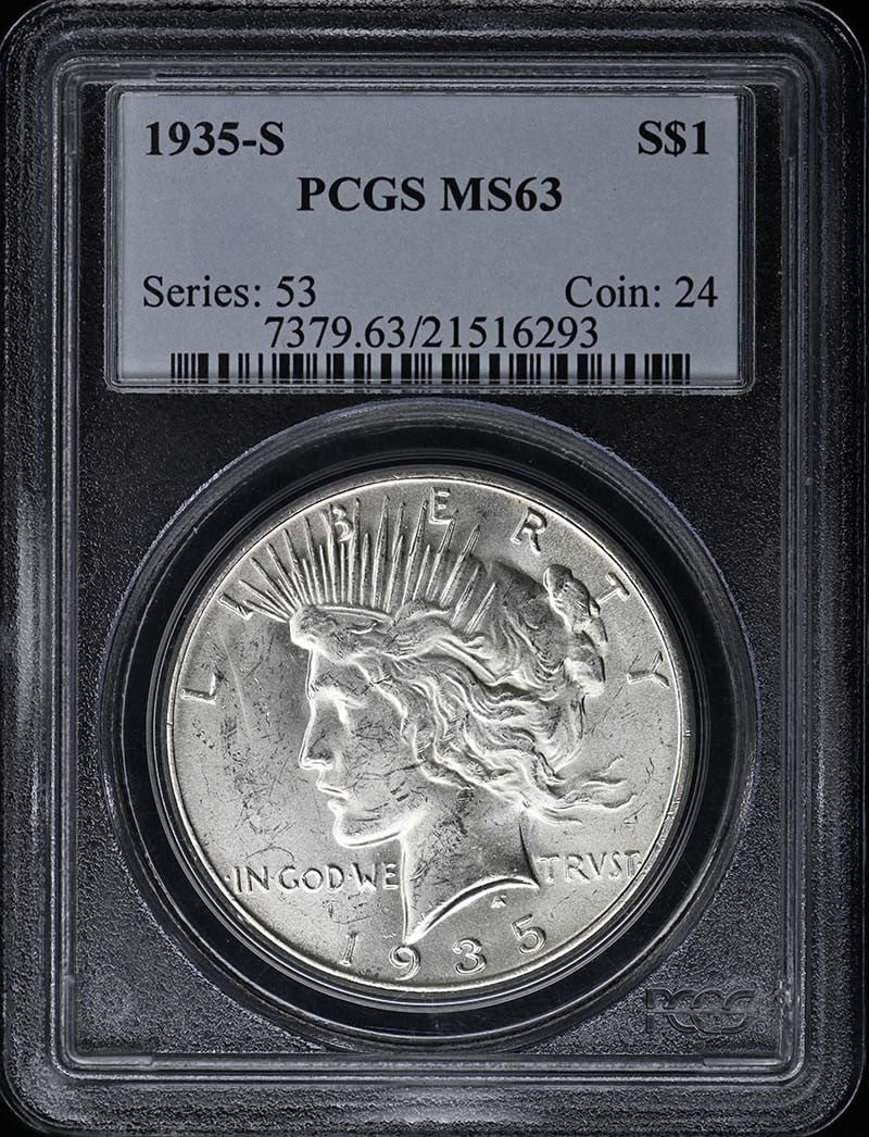 PCGS MS63 1935-S San Francisco Peace Dollar: PCGS MS63 1935-S San Francisco Peace Dollar This is a 1935 Peace Dollar from the United States, minted in San Francisco. The coin is graded MS63 by PCGS and is uncirculated. It features the iconic Pea