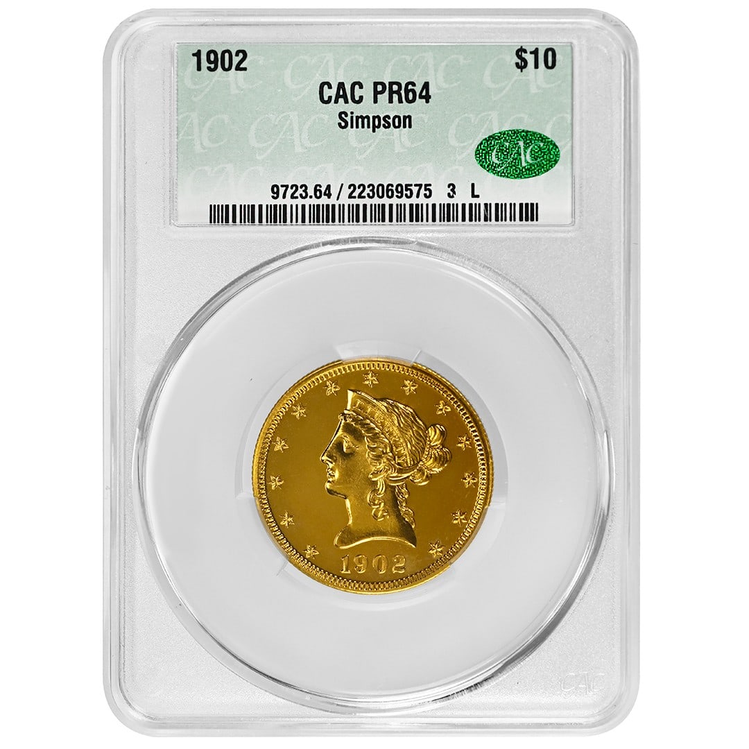 CACG PR64 1902 Liberty Head $10 Gold Proof Coin: CACG PR64 1902 Liberty Head $10 Gold Proof Coin This 1902 $10 Liberty Head coin is a proof strike from the United States, composed of gold. It is certified by CACG with a grade of PR64 and remains in 
