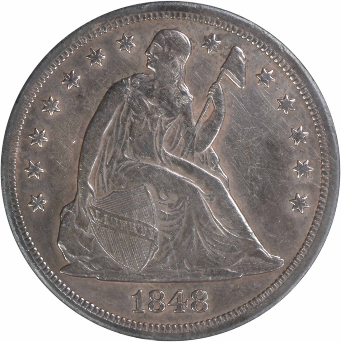 1848 Seated Liberty $1 Silver Coin EF Uncertified: 1848 Seated Liberty $1 Silver Coin EF Uncertified This 1848 Liberty Seated Silver Dollar features the classic design by Christian Gobrecht and was minted in Philadelphia. Composed of 90% silver and 10