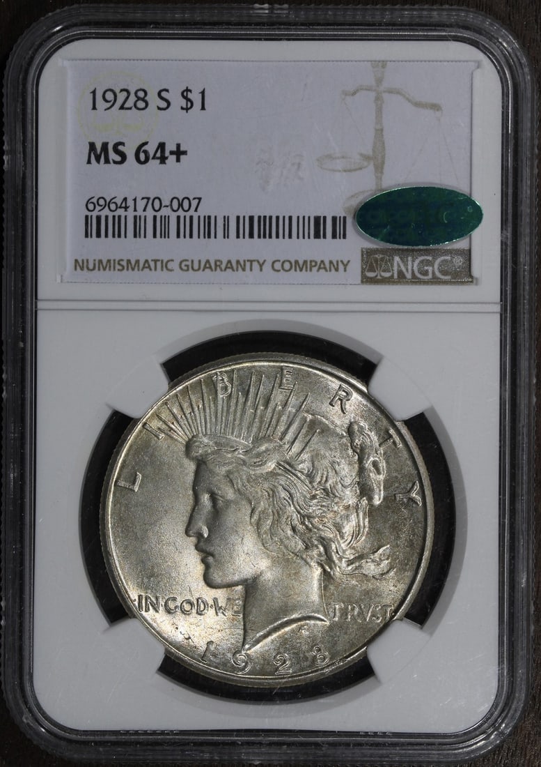 1928-S Peace Dollar NGC MS64 CAC: 1928-S Peace Dollar NGC MS64 CAC This 1928 Peace Dollar is an uncirculated coin graded MS64+ by NGC and features a CAC sticker. Struck in San Francisco, it is a key date for collectors. The coin is co