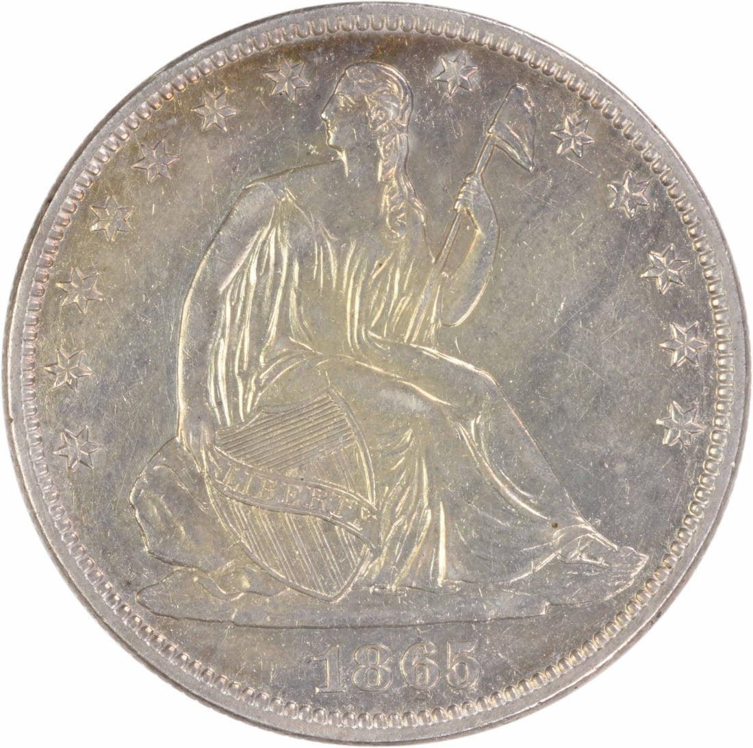 1865 Seated Liberty 50C Philadelphia AU uncertified silver coin: 1865 Seated Liberty 50C Philadelphia AU uncertified silver coin This 1865 Liberty Seated Half Dollar features the classic design by Thomas Sully and Christian Gobrecht. Struck at the Philadelphia Mint