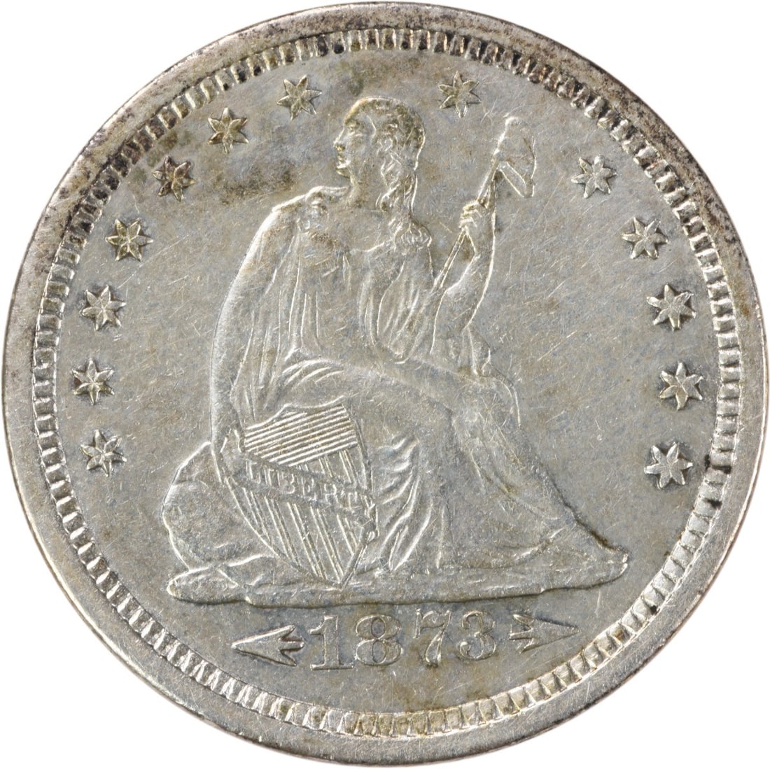 1873-S Liberty Seated Quarter 25C AU Uncertified San Francisco Coin: 1873-S Liberty Seated Quarter 25C AU Uncertified San Francisco Coin This 1873-S Liberty Seated Quarter features the Arrows design and is in AU (About Uncirculated) condition. Minted in San Francisco, 
