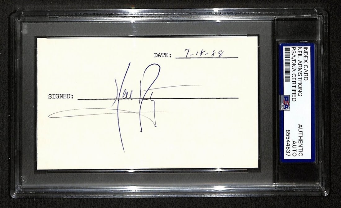 Neil Armstrong Signed 3x5 Autograph Card PSA/DNA Encapsulated 1988: Neil Armstrong Signed 3x5 Autograph Card PSA/DNA Encapsulated 1988 This is an original Neil Armstrong signed 3x5 index card, dated July 18, 1988. The autograph is encapsulated and certified by PSA/DNA