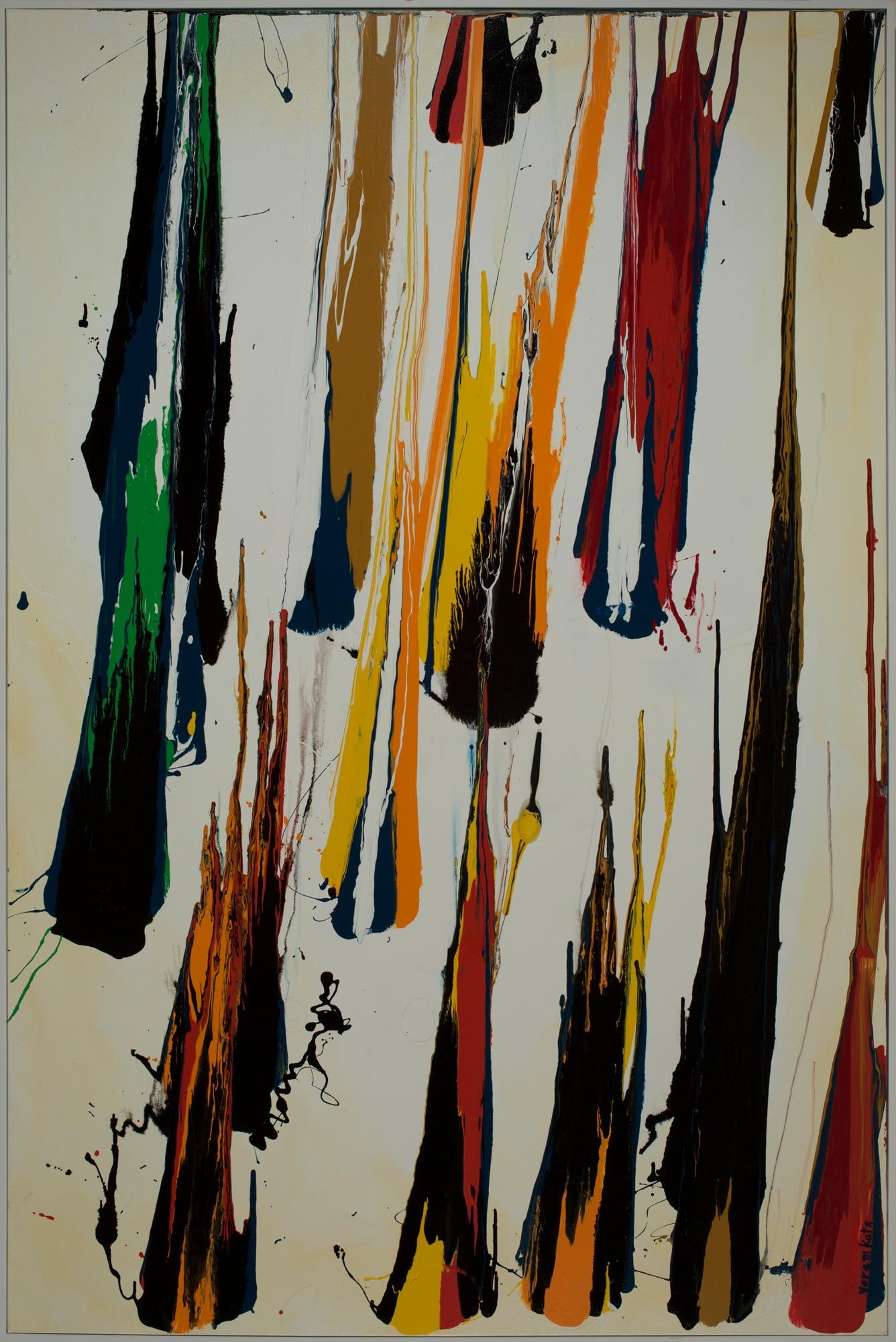 Yoram Katz Abstract Expressionist Framed Enamel and Canvas Art 72x48 in: Yoram Katz Abstract Expressionist Framed Enamel and Canvas Art 72x48 in This framed abstract painting titled "Power of a Plastic Teaspoon" by Yoram Katz was created in 2017. Executed using enamel and 