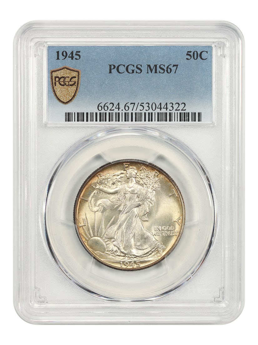 PCGS MS67 1945 Philadelphia Walking Liberty 50C Half Dollar: PCGS MS67 1945 Philadelphia Walking Liberty 50C Half Dollar This 1945 Walking Liberty Half Dollar is graded MS67 by PCGS, indicating an uncirculated coin in exceptional condition. Minted in Philadelph