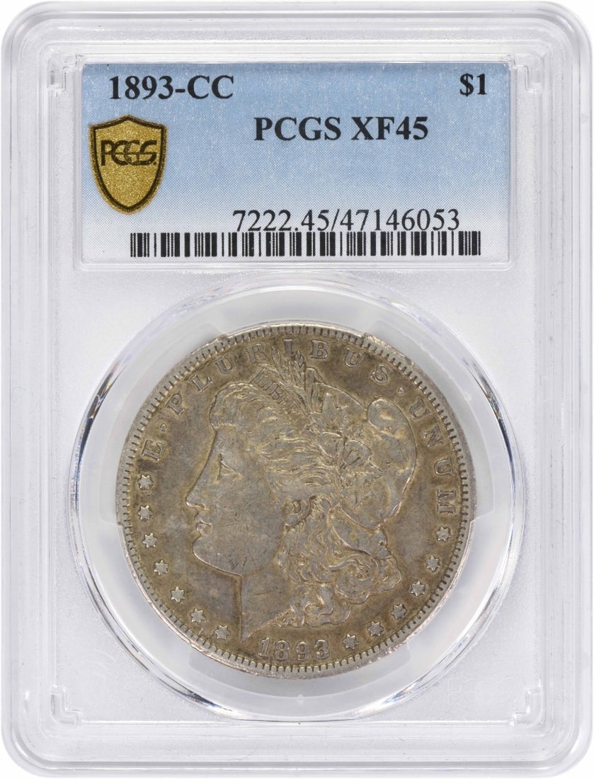 1893 Carson City Morgan Dollar PCGS EF45: 1893 Carson City Morgan Dollar PCGS EF45 This 1893-CC Morgan Silver Dollar is graded EF45 by PCGS, indicating it is in Extremely Fine condition with light wear on the highest points. Minted in Carson 